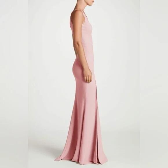 NWOT DRESS THE POPULATION $198 Sandra Blush High Slit V Neck Gown Size S - Picture 3 of 7